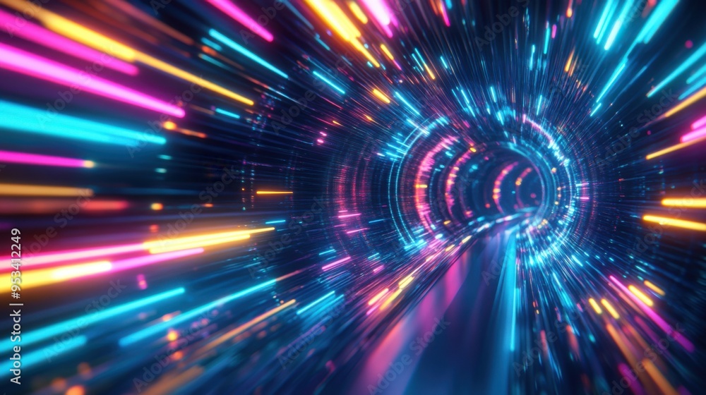 Poster high-speed light tunnel background with colorful neon lights, glowing lines in motion blur, sci-fi a