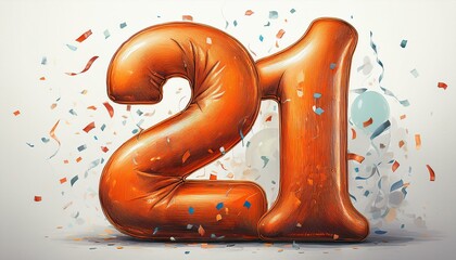 Orange birthday / anniversary balloon, number 21, white background