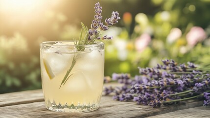 Iced lavender lemonade in a frosty glass with fresh lavender sprigs on a wooden table with flowers...