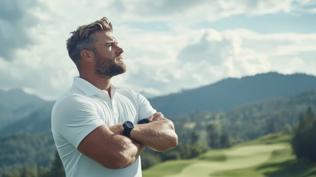 Professional Golfer Studying Shot with Rangefinder on Scenic Course, 8K Ultra High Detail Panoramic View, Generative Ai