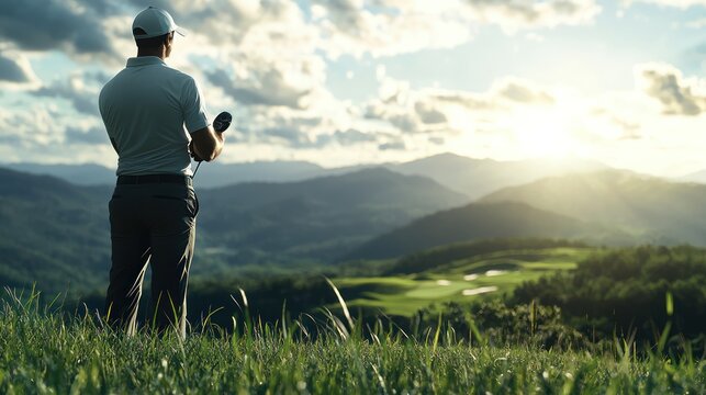 Precision in Play: Golfer Examining Shot with Rangefinder on Scenic 8K Golf Course Panorama, Generative Ai