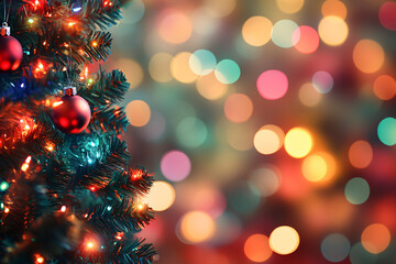 Obraz premium A decorated Christmas tree with red ornaments shines brightly against a colorful, blurred bokeh background evoking holiday cheer 