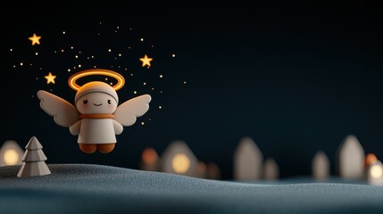 Fototapeta premium Adorable Christmas angel with a glowing halo floating over a snowy landscape at night, with stars twinkling in the background.