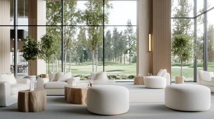 Luxurious Golf Clubhouse with Panoramic Windows Overlooking Course in Ultrahigh Detail 8K Resolution, Generative Ai