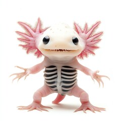 An axolotl wearing a tiny skeleton costume, Halloween theme, dark and cute, isolated on white background