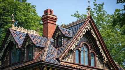 A roof with intricate architectural details, including ornate gables and dormer windows, of a historic building.