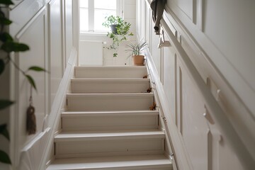 Fototapeta premium Beautiful Dutch flat, white staircase with wooden steps and a coat rack at the top, cozy interior design, modern apartment in Amsterdam, 