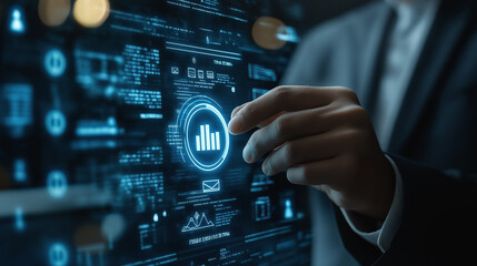 Businessman is touching a virtual screen with his finger, interacting with a compliance rules panel