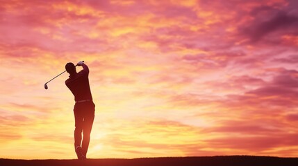 Fototapeta premium Majestic Golfer Silhouette Perfecting Swing at Vibrant 8K Sunset Background, Generative Ai