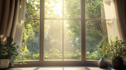 A serene view through a large bay window overlooking a peaceful garden, sunlight filtering through the trees, creating a warm and inviting atmosphere.