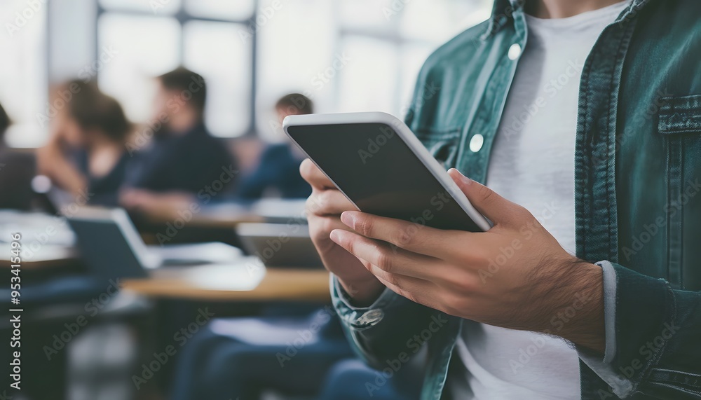 Poster man in green jacket using smartphone in an office setting