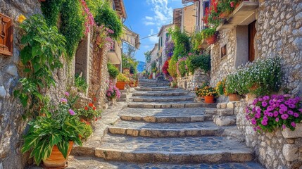 Obraz premium A stone staircase winding through a Mediterranean village, lined with colorful flowers and quaint houses.