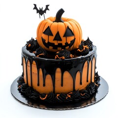 A spooky Halloween cake with a jack-o'-lantern topper, dark and eerie, isolated on white background
