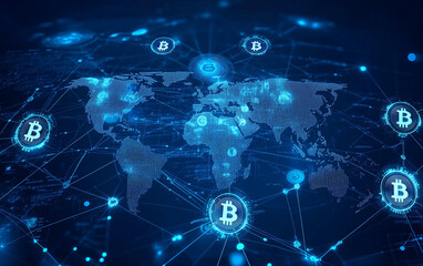 A blue digital background featuring a world map with interconnected Bitcoin symbols, representing the global spread of blockchain technology 