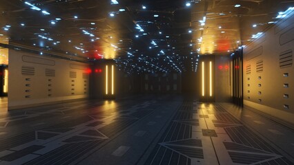 A dark futuristic corridor illuminated by glowing red, yellow, and blue lights, creating a moody...