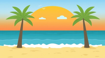 Obraz premium A serene beach scene featuring two majestic palm trees on the golden sands and a stunning sunset behind them, with a graceful bird soaring above the tranquil ocean water