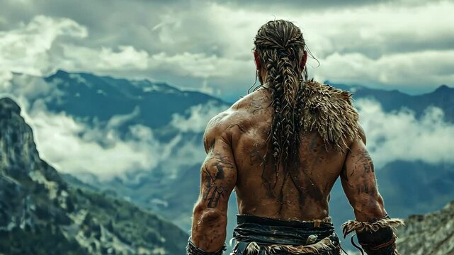 A muscle-bound warrior stands in the wilderness, gazing across majestic mountains under cloudy skies, ready for an unfolding adventure in ancient times
