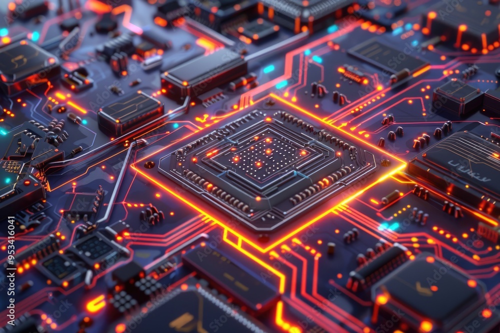 Poster a detailed view of a computer circuit board with various components and wires