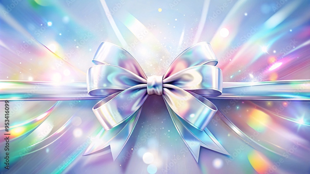 Aufkleber iridescent gift bow and ribbon on shimmery surface. close-up of a beautiful iridescent gift bow and 