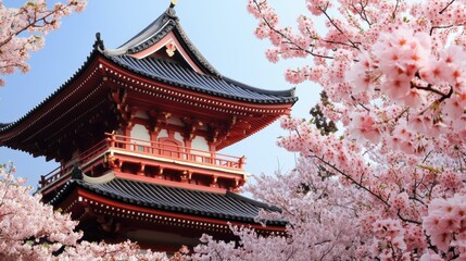 Fototapeta premium A traditional Japanese pagoda roof with curved eaves, set against a backdrop of cherry blossoms in full bloom.