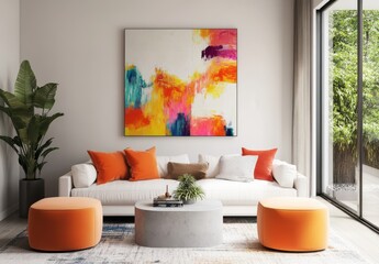 modern living room with a white sofa and orange armchairs, a grey concrete coffee table