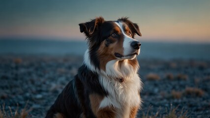 Australian Shepherd Gazing at Sunset