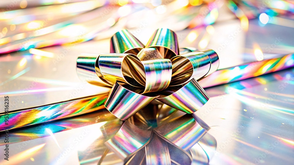 Poster iridescent gift bow and ribbon on shimmery surface. close-up of a beautiful iridescent gift bow and 