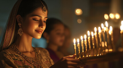 Illuminating Tradition: South Asian Woman Lighting Menorah on First Night of Hanukkah with Family