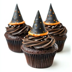 A batch of witch hat cupcakes, Halloween baking theme, dark and magical, isolated on white background