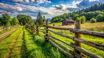 Traditional farm fence rustic wooden posts