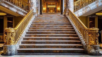 Obraz premium An elegant staircase in a hotel lobby, with marble steps and golden railings, leading up to the next floor.