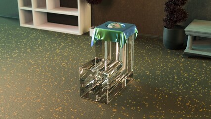 A modern abstract glass sculpture draped with iridescent fabric, placed on a speckled floor in a...