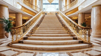Obraz premium An elegant staircase in a hotel lobby, with marble steps and golden railings, leading up to the next floor.