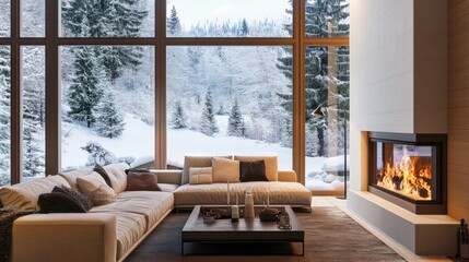 Cozy living room interior with a fireplace, plush sofa, and a large window displaying a picturesque snowy landscape outside.