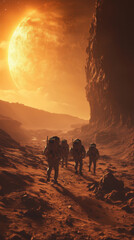Obraz premium Beyond the Stars: Astronauts on an Alien World under a Distant Sun