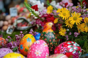 A decorative basket filled with painted eggs and flowers, perfect for Easter or springtime themes