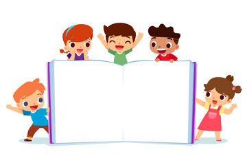 happy children with blank open book