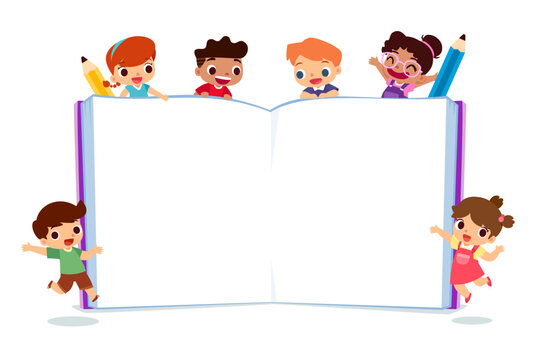 happy kids with blank open book
