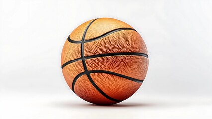 Detailed close-up of a basketball with textured surface and black seams, isolated against a clean white background, showcasing its realistic design.