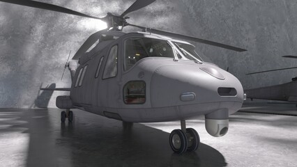 3d rendering of a military helicopter in a dimly lit concrete garage, viewed from the front © flashmovie