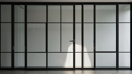 Modern glass window with black metal frame, minimalist design, isolated on a plain white background