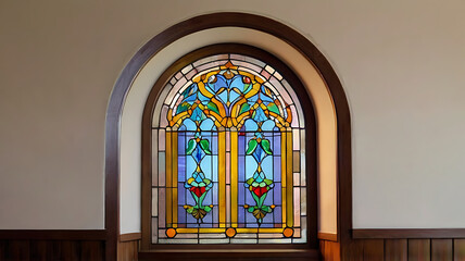 Small arched window with colorful stained glass, traditional design, set against a soft pastel background.