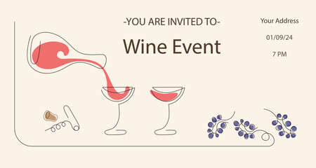 Invitation to a wine event invitation with time, date and address. Color vector illustration in modern thin line style: glasses and bottles with wine, bunches of grapes, wine corkscrew.