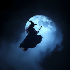 Naklejka premium witch flying over the moon