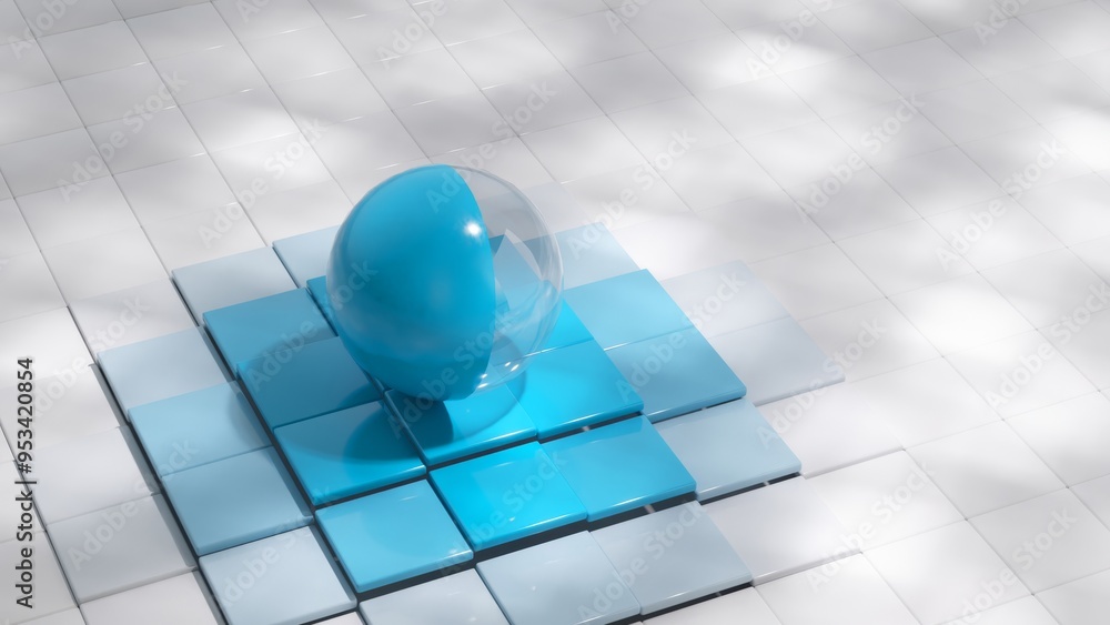 Poster minimalist abstract composition featuring a blue and transparent sphere resting on a grid of blue an