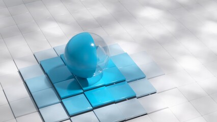 Minimalist abstract composition featuring a blue and transparent sphere resting on a grid of blue and white tiles, creating a modern and clean design.