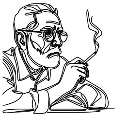 old man smoking cigarette continuous line drawing