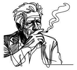 old man smoking cigarette continuous line drawing