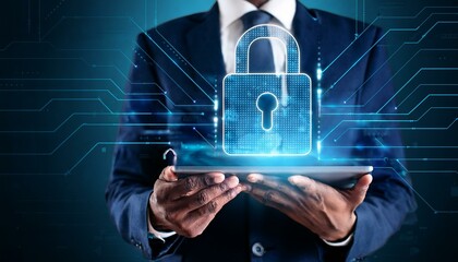 Network security. Businessman using digital tablet with digital padlock for data protection, internet technology networking and cyber security technology.background