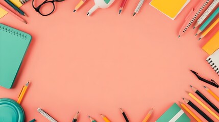 Back to School Supplies, Flat Lay, Pink Background
